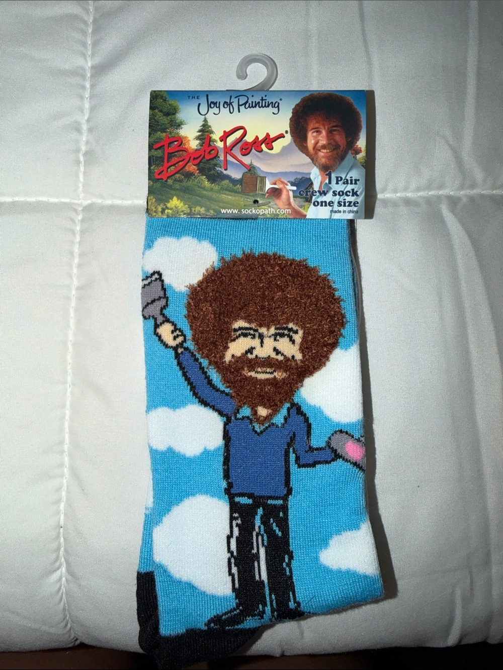 Bob Ross Novelty Crew Socks - Blue with Cloud Design
